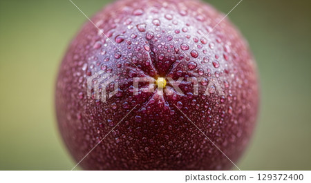 Macro shot of a ripe passion fruit with water droplets creating a refreshing and natural vibe Macro shot of a ripe passion fruit with water droplets creating a refreshing and natural vibe 129372400