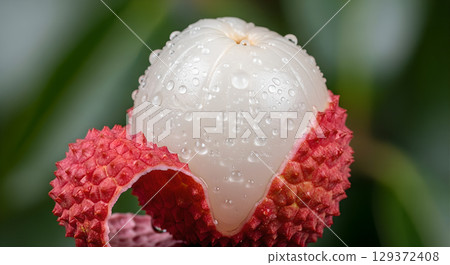 Close-up shot of a fresh and juicy lychee fruit, partially peeled, showcasing its translucent flesh and vibrant red skin against a blurred green backdrop Close-up shot of a fresh and juicy lychee fruit, partially peeled, showcasing its translucent flesh and vibrant red skin against a blurred green backdrop 129372408