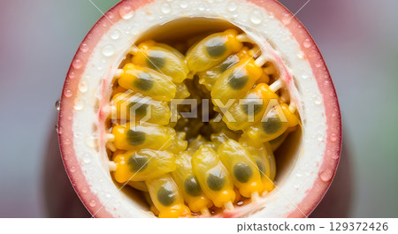Exotic delight a close-up of a half-cut passion fruit revealing juicy pulp and seeds with water drops creating visual appeal 129372426