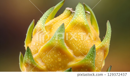 Close up of Yellow Dragon Fruit with Water Droplets, A Captivating Tropical Still Life Close up of Yellow Dragon Fruit with Water Droplets, A Captivating Tropical Still Life 129372437
