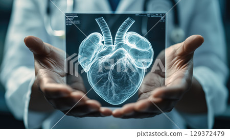 A doctor holds a glowing heart holographic in their hands. The concept of advanced medical technology, cardiology innovation, and digital healthcare solutions. Generative AI. 129372479