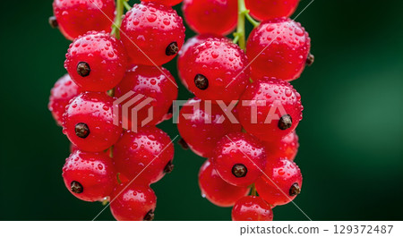 Macro close-up of red currants hanging on a bush with water droplets sparkling under sunlight, beautiful details 129372487