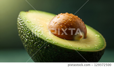 Fresh half avocado with seed and water droplets offers healthy lifestyle concept and natural food ingredient 129372500