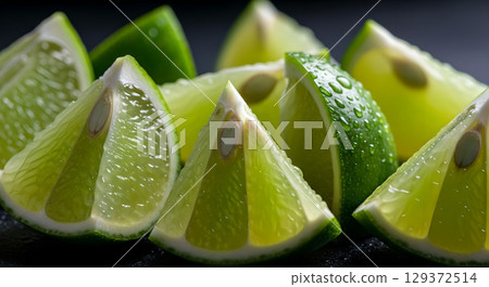 Fresh and vibrant lime wedges, a burst of citrus delight perfect for refreshment and cocktails Fresh and vibrant lime wedges, a burst of citrus delight perfect for refreshment and cocktails 129372514