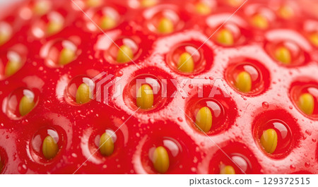 Extreme close-up of a vibrant red strawberry with tiny yellow seeds embedded in its surface displaying intricate details Extreme close-up of a vibrant red strawberry with tiny yellow seeds embedded in its surface displaying intricate details 129372515