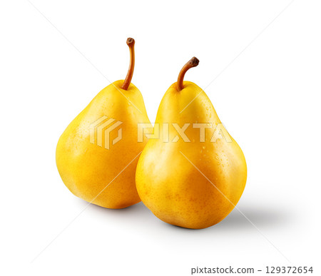 Pear on white. Ripe Yellow Pear fruit isolated on background. Healthy food with high of vitamin and minerals. Freshness of fruit 129372654