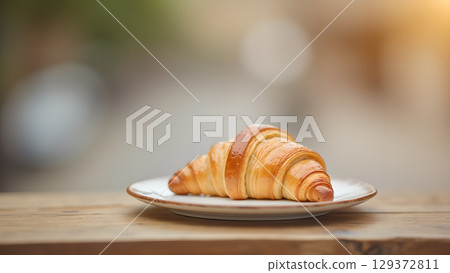 Golden croissant on a plate with blurred background showcases simple pleasure in bakery delights Golden croissant on a plate with blurred background showcases simple pleasure in bakery delights 129372811