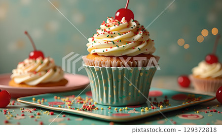 Delicious cupcakes with creamy frosting and cherry toppings offer a delightful visual treat for any occasion Delicious cupcakes with creamy frosting and cherry toppings offer a delightful visual treat for any occasion 129372818