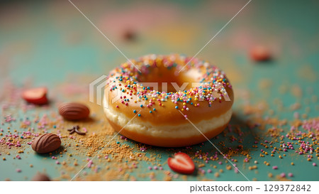 Delicious donut with colorful sprinkles alongside chocolate pieces and fresh strawberry slices creating a delightful dessert scene Delicious donut with colorful sprinkles alongside chocolate pieces and fresh strawberry slices creating a delightful dessert scene 129372842