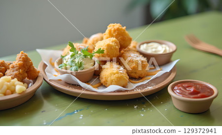 Delicious homemade golden fried mozzarella cheese balls on plate with various dipping sauces presented attractively Delicious homemade golden fried mozzarella cheese balls on plate with various dipping sauces presented attractively 129372941