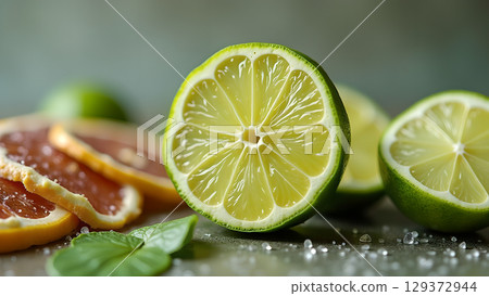 Vibrant citrus fruit presentation featuring sliced limes, grapefruits, mint leaves, and scattered grains Vibrant citrus fruit presentation featuring sliced limes, grapefruits, mint leaves, and scattered grains 129372944