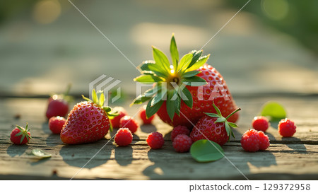 Fresh strawberries and raspberries on rustic wooden table in natural sunlight beautiful composition perfect for summer Fresh strawberries and raspberries on rustic wooden table in natural sunlight beautiful composition perfect for summer 129372958