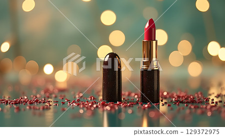 Glamorous red lipstick and its cover on a shiny surface with blurred lights creating an elegant aesthetic beauty Glamorous red lipstick and its cover on a shiny surface with blurred lights creating an elegant aesthetic beauty 129372975