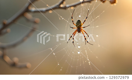 Golden orb weaver spider spinning a web with water droplets glistening in the golden sunlight 129372979
