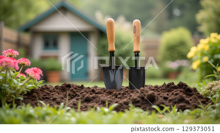 Gardening tools stand ready amidst vibrant flowers in a serene backyard garden setting for planting Gardening tools stand ready amidst vibrant flowers in a serene backyard garden setting for planting 129373051
