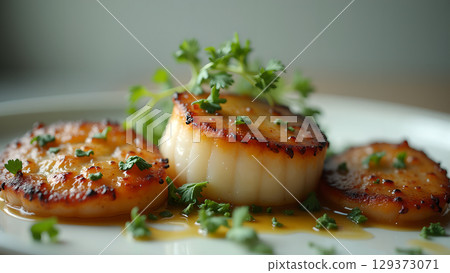 Seared Sea Scallops Delightful Culinary Plate with Fresh Herbs and Delicious Sauce Preparation 129373071