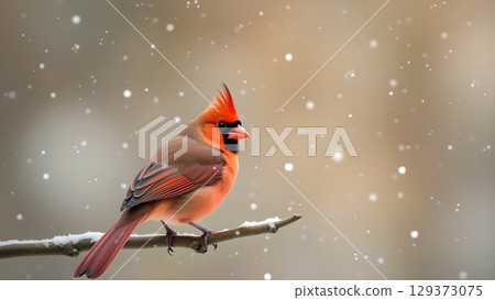 A Vibrant Northern Cardinal Perched on a Snowy Branch During a Gentle Winter Snowfall A Vibrant Northern Cardinal Perched on a Snowy Branch During a Gentle Winter Snowfall 129373075