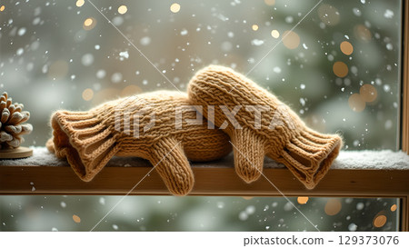 Cozy winter scene showcasing knitted mittens resting on a snowy windowsill during a snowfall day Cozy winter scene showcasing knitted mittens resting on a snowy windowsill during a snowfall day 129373076