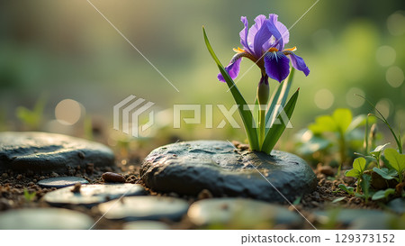 Captivating purple iris elegantly emerging from a smooth rock amidst a tranquil garden setting at daytime Captivating purple iris elegantly emerging from a smooth rock amidst a tranquil garden setting at daytime 129373152