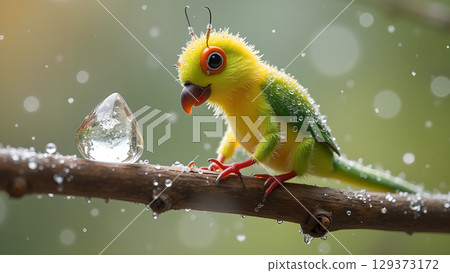 Enchanting Encounter a Cute Bird Perched on a Branch Observing a Captivating Water Drop in Nature's Embrace Enchanting Encounter a Cute Bird Perched on a Branch Observing a Captivating Water Drop in Nature's Embrace 129373172