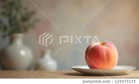 A Vibrant and Detailed Peach on a Plate with Vases in the Background Creating a Still Life Composition A Vibrant and Detailed Peach on a Plate with Vases in the Background Creating a Still Life Composition 129373173