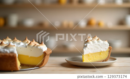 Delicious Lemon Meringue Pie: A Slice of Sweet Perfection in a Bright Kitchen Setting with Blurry Background Delicious Lemon Meringue Pie: A Slice of Sweet Perfection in a Bright Kitchen Setting with Blurry Background 129373174