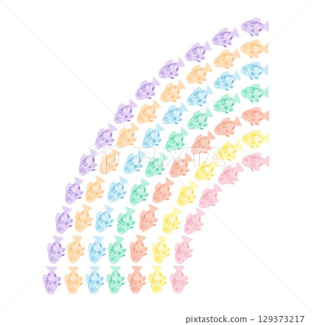 彩虹般的淡彩色魚以對角線排列(90 度,7 種顏色) 彩虹般的淡彩色魚以對角線排列(90 度,7 種顏色) 129373217
