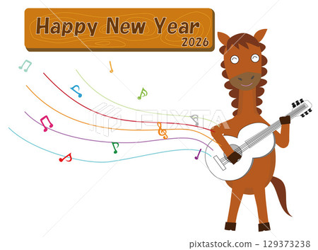 Illustration of a New Year's card for 2026. A horse is playing a musical instrument to celebrate the New Year. 129373238