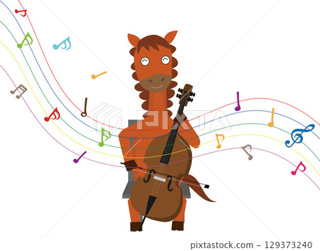 Illustration of a New Year's card for 2026. A horse is playing a musical instrument to celebrate the New Year. 129373240