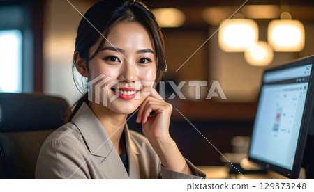 Portrait of a female employee working on a computer 129373248
