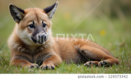 Adorable dingo puppy resting on grass in a serene outdoor setting showcases youthful innocence and natural beauty Adorable dingo puppy resting on grass in a serene outdoor setting showcases youthful innocence and natural beauty 129373342