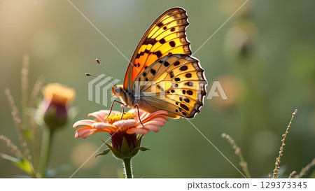Delicate butterfly perches gracefully on a vibrant flower in a sun-drenched meadow, showcasing the beauty nature Delicate butterfly perches gracefully on a vibrant flower in a sun-drenched meadow, showcasing the beauty nature 129373345