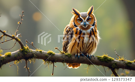 Majestic long eared owl perched gracefully on a mossy branch in a serene forest environment Majestic long eared owl perched gracefully on a mossy branch in a serene forest environment 129373347