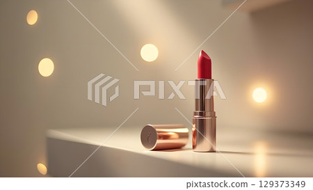 Elegant red lipstick presentation with golden accents and ambient lighting for beauty and fashion advertising Elegant red lipstick presentation with golden accents and ambient lighting for beauty and fashion advertising 129373349