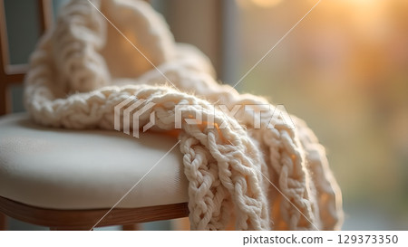 Soft comfort: A cozy knitted blanket draped over a chair in warm light creating a inviting atmosphere 129373350