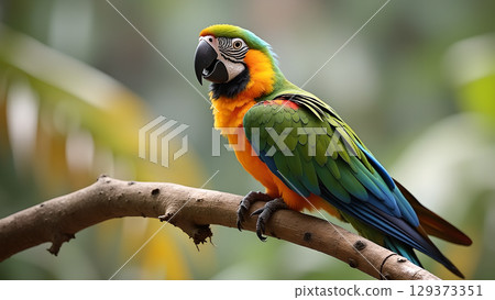 Majestic macaw perched gracefully on a branch showcasing its vibrant plumage in a tropical setting displaying beauty 129373351