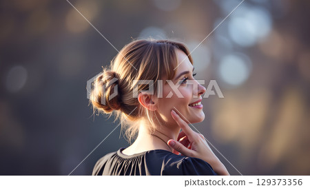 Portrait of a beautiful woman outdoors with a thoughtful expression and elegant updo hairstyle looking up 129373356