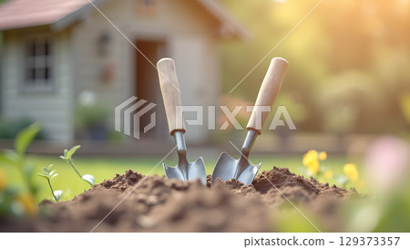 Two gardening hand trowels nestled in the fresh soil with shed background on a sunny day 129373357
