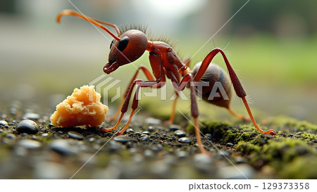 Detailed macro shot of an ant examining a piece of food in its natural habitat with soft lighting 129373358