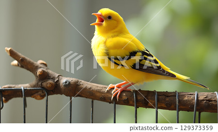 Vibrant yellow canary perched on a branch, showcasing its bright plumage in natural light 129373359
