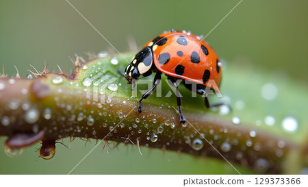 Ladybug on a twig after rain showing the beauty of nature in close up detail with drops 129373366