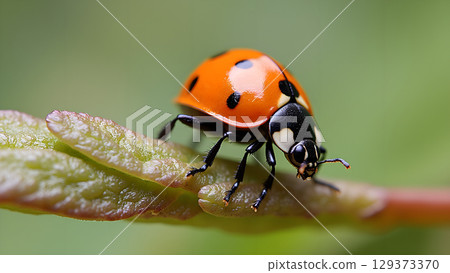 A beautiful close up of a ladybug on a leaf showcasing its vibrant colors and intricate details 129373370