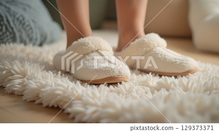 Cozy Comfort at Home: Feet in Slippers on a Fluffy Rug for Ultimate Relaxation Cozy Comfort at Home: Feet in Slippers on a Fluffy Rug for Ultimate Relaxation 129373371