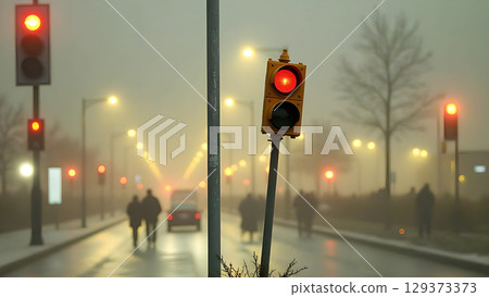 Cityscape in morning mist and fog featuring red traffic lights and blurred silhouettes of people walking Cityscape in morning mist and fog featuring red traffic lights and blurred silhouettes of people walking 129373373