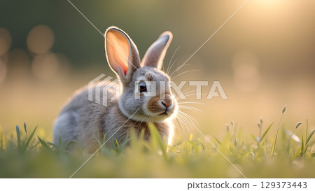 Cute bunny rabbit sitting in the grass with a blurry and sunny background, creating a magical atmosphere Cute bunny rabbit sitting in the grass with a blurry and sunny background, creating a magical atmosphere 129373443