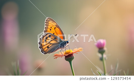 Beautiful orange butterfly resting gently on a delicate flower in the golden morning light natural ambience 129373454