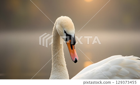 Elegant swan portrait captured in soft morning light showcasing the bird's graceful neck and plumage 129373455