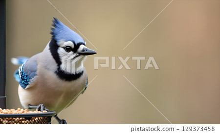 Detailed portrait of a blue jay perched on a feeder, surrounded by soft neutral tones and natural lighting 129373458