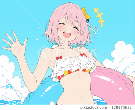 一位穿著泳衣的女孩在海灘上拿著游泳圈的插圖 一位穿著泳衣的女孩在海灘上拿著游泳圈的插圖 129373682