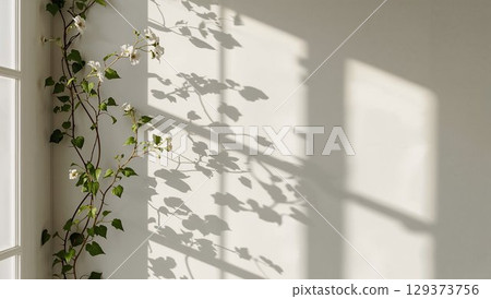 Green vine with white flowers creates beautiful shadows on a bright wall, enhancing the tranquil ambiance of the interior space with natural elements Green vine with white flowers creates beautiful shadows on a bright wall, enhancing the tranquil ambiance of the interior space with natural elements 129373756